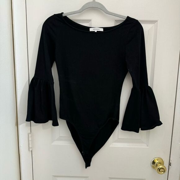 FRAME One Piece Bodysuit Size Small Bell Sleeve Black Cotton Scoopneck - Picture 1 of 3